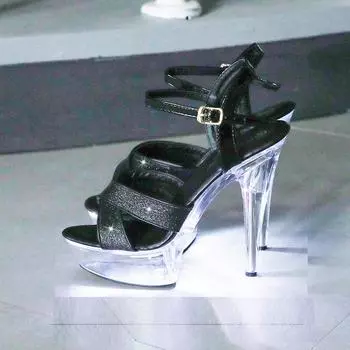 Женские пикантные сандалии со светодиодной подсветкой, блестящие сандалии на высоком каблуке 13 см, на тонком каблуке со стразами, на платформе LFD-1099-36 34