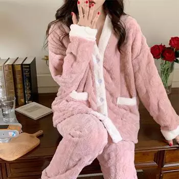 Женские пижамные комплекты 2024 года, осень-зима, теплый фланелевый кардиган с толстыми пуговицами, домашняя одежда с длинными рукавами, одежда для сна, женская пижама, комплект из 2 предметов, одежда для отдыха M