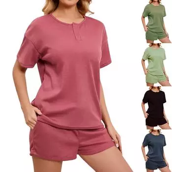 Женские пижамные комплекты из 2 предметов, одежда для сна с коротким рукавом, удобные шорты, мягкий комплект с карманами L чёрный