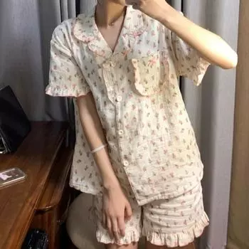 Женские пижамные комплекты Kawaii с нежным повседневным принтом для студентов с отложным воротником, летние удобные Ins для отдыха в японском стиле, привлекательные S