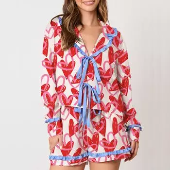 Женские пижамные комплекты на День святого Валентина, атласная пижама с бантом спереди, с длинным рукавом, с принтом в виде сердца и банта, рубашки, шорты, домашняя одежда, повседневные наряды S