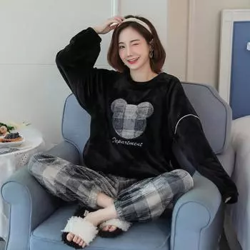 Женские пижамные комплекты осень-зима фланель теплая с круглым вырезом и длинным рукавом женский комплект из двух предметов милая пижама с рисунком из мультфильмов коралловый бархат женская одежда для сна M