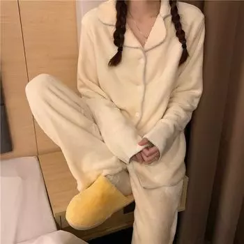 Женские пижамные комплекты Повседневная одежда для сна осень-зима Бархатная пижама Женский кардиган Простая мягкая теплая домашняя одежда для спальни M