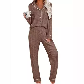 Женские пижамные комплекты с длинным рукавом, на пуговицах, в рубчик, топ и брюки, подходящий комплект, повседневный осенний костюм из 2 предметов, одежда для сна L