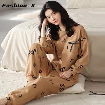 Женские пижамные комплекты с круглым вырезом, длинным рукавом и средней талией, эластичные свободные пижамные комплекты из 2 предметов/комплект, женский пуловер с длинными брюками M