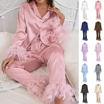 Женские пижамные комплекты с принтом, мягкие комплекты домашней одежды из двух предметов, топы с длинными рукавами, длинные брюки, одинаковые пижамы, ночная одежда M бежевый