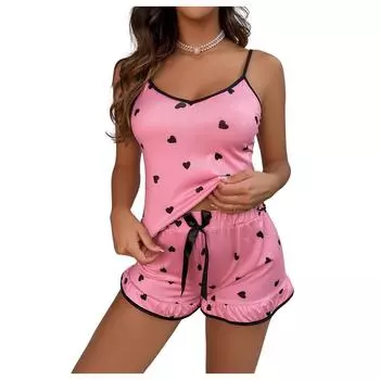 Женские пижамные комплекты с принтом, мягкие комплекты домашней одежды из двух предметов, топы без рукавов, шорты, одинаковые пижамы, одежда для сна L розовый