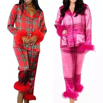 Женские пижамные комплекты с принтом, мягкие комплекты домашней одежды из двух предметов, топы с длинными рукавами, длинные брюки, одинаковые пижамы, ночная одежда L горячий розовый