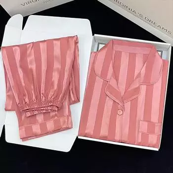 Женские пижамные комплекты весна осень из двух частей полосатая пижама из искусственного шелка атлас пижамы с длинным рукавом на пуговицах женская домашняя одежда XXL чёрный