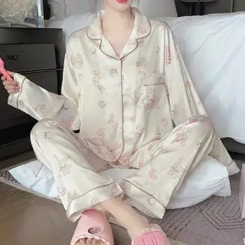 Женские пижамные комплекты весна-осень с рисунком из мультфильмов, 2 предмета, пижама из искусственного шелка и атласа, пижама с длинным рукавом, женская домашняя одежда M