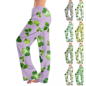 Женские пижамные штаны, одежда для сна, повседневные брюки с эластичной резинкой на талии, удобные прямые свободные брюки для йоги. День Патрика M