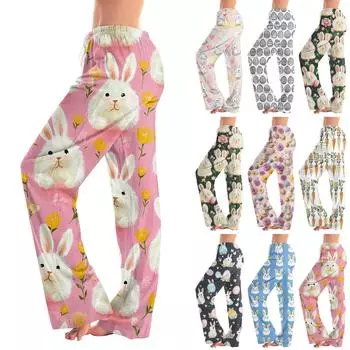 Женские пижамные штаны, одежда для сна, повседневные брюки с эластичной резинкой на талии, удобные прямые свободные брюки для йоги, пасхальные XXXL тёмно-синий