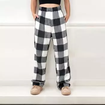 Женские пижамные штаны, плюшевые пижамные штаны с мягкой эластичной талией, клетчатые штаны с 2 карманами L чёрный