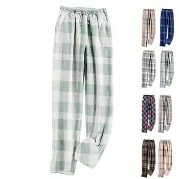 Женские пижамные штаны, плюшевые пижамные штаны с мягкой эластичной талией, клетчатые штаны с 2 карманами L кофейный
