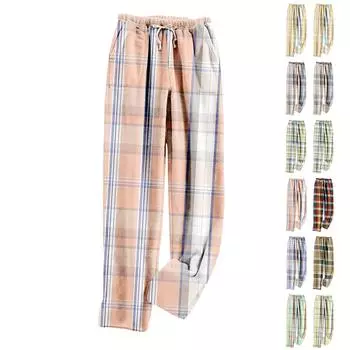 Женские пижамные штаны, плюшевые пижамные штаны с мягкой эластичной талией, клетчатые штаны с 2 карманами L