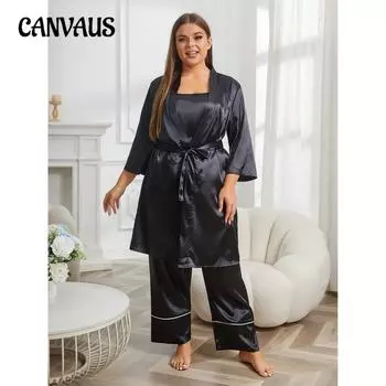 Женские пижамы больших размеров, атласные легкие роскошные утренние халаты, брюки с лямкой на шее, одежда для дома, комплект из трех предметов 1XL чёрный