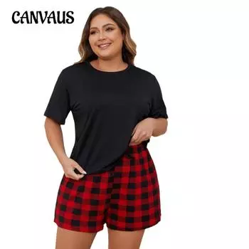 Женские пижамы больших размеров, летние красные и черные шорты в клетку с короткими рукавами, домашний костюм 1XL чёрный