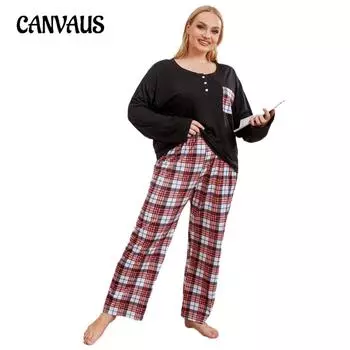 Женские пижамы больших размеров, весенне-осенний и зимний клетчатый свободный домашний костюм с длинными рукавами 1XL чёрный