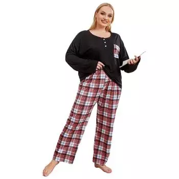 Женские пижамы больших размеров, весенне-осенний и зимний клетчатый свободный домашний костюм с длинными рукавами 1XL чёрный
