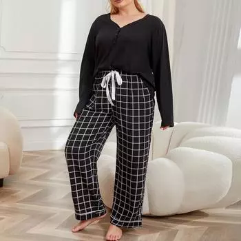 Женские пижамы больших размеров, весна-осень и зима, домашний костюм с v-образным вырезом и длинными рукавами 1XL чёрный