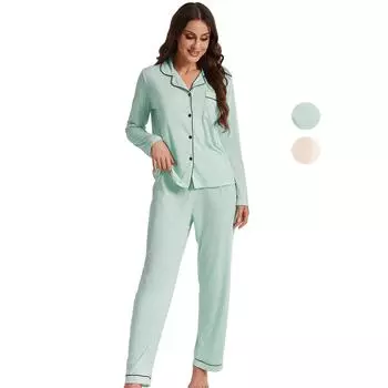 Женские пижамы BRIGHT DEER полиэстер хлопок однотонный кардиган длинные брюки комплект из 2 предметов домашняя одежда повседневная одежда S светло-зеленый