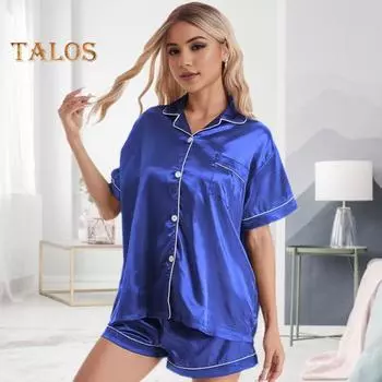 Женские пижамы из 2 шт./компл., однотонные шелковистые лацканы, эластичная талия, короткие рукава, нагрудный карман, свободная однобортная домашняя одежда, рубашка, шорты, комплект одежды для сна M красный