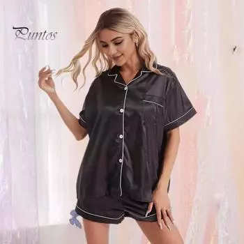 Женские пижамы из 2 шт./компл., однотонные шелковистые лацканы, эластичная талия, короткие рукава, нагрудный карман, свободная однобортная домашняя одежда, рубашка, шорты, комплект одежды для сна XL красный