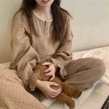 Женские пижамы из хлопковой пряжи Ins, свободный пижамный комплект в горошек для девочек, милый корейский осенний шикарный винтажный элегантный повседневный костюм, шикарный one size слоновая кость