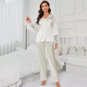 Женские пижамы из искусственного шелка, комплект из 2 предметов, кружевные марлевые рукава, рубашки с V-образным вырезом, длинные брюки, роскошная атласная ночная одежда для сна и отдыха S белый
