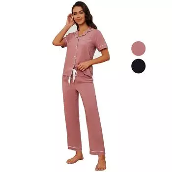 Женские пижамы из искусственного шелка, однотонные рубашки с короткими рукавами и пуговицами, длинные брюки, двухсекционные спальные костюмы, летняя одежда для дома, удобная домашняя одежда S розовый