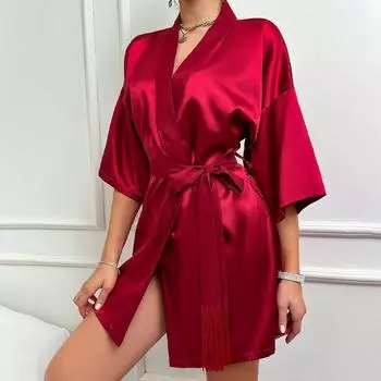 Женские пижамы из искусственного шелка со средними рукавами, летний короткий кардиган со шнуровкой, халат, модные сексуальные пижамы из тонкого ледяного шелка S розовый