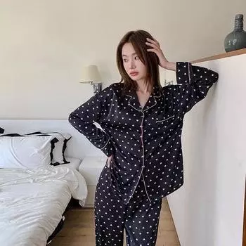 Женские пижамы из ледяного шелка, домашняя одежда, комплект из двух предметов с длинными рукавами, весна-лето, черный, свободный, удобный пижамный костюм, женский атласный костюм M чёрный