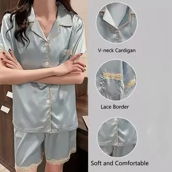 Женские пижамы из шелка, топы и шорты на пуговицах, пижамный комплект из 2 предметов, женская пижама, домашняя одежда для лета M красный