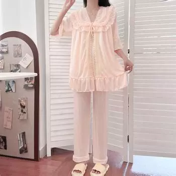 Женские пижамы Комплекты Пижамы Шелковая атласная Пижама Весна Осень Домашняя одежда Женская Пижама Женская Пижама Ночная Одежда S