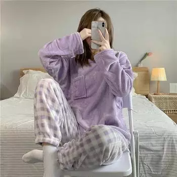 Женские пижамы, костюм из двух предметов, осенне-зимний коралловый бархатный однотонный бархатный утолщенный сладкий фланелевой теплый домашний комплект L фиолетовый