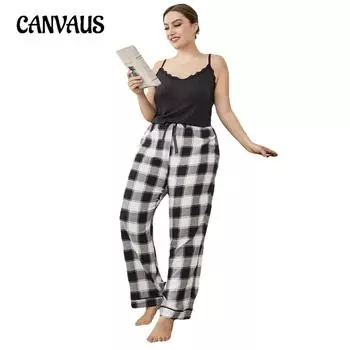 Женские пижамы, летние большие размеры, клетчатый кружевной край, женский комплект домашней одежды с лямкой на шее 1XL чёрный/белый