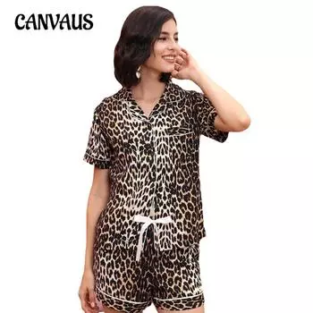 Женские пижамы, летние тонкие шорты с V-образным вырезом и леопардовым принтом, шорты с короткими рукавами, домашняя одежда из двух предметов S золотистый