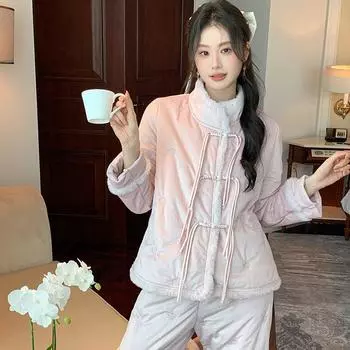 Женские пижамы на осень и зиму, новый китайский комплект с воротником-стойкой, три слоя хлопка и кашемира, толстая домашняя одежда, которую можно носить зимой на улице S розовый