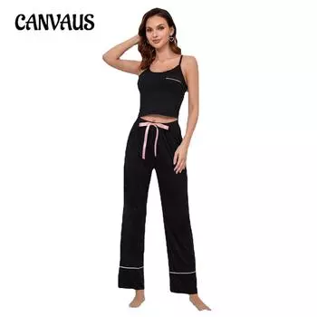 Женские пижамы на весну и осень, однотонные подтяжки, брюки, повседневный женский костюм для домашней одежды S чёрный