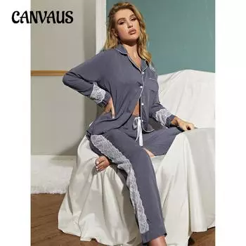 Женские пижамы, осенне-зимний кардиган с длинными рукавами, кружевное украшение, женская домашняя одежда, костюм, одежда для сна