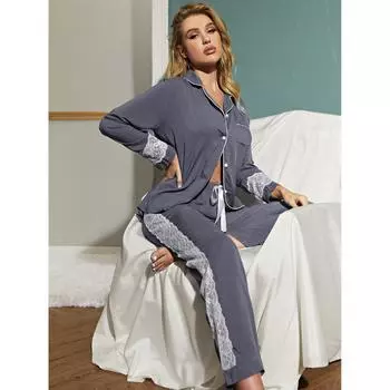 Женские пижамы, осенне-зимний кардиган с длинными рукавами, кружевное украшение, женская домашняя одежда, костюм, одежда для сна S серый