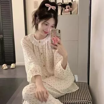 Женские пижамы осенние и зимние брюки с длинными рукавами студенческая домашняя одежда из двух частей с круглым вырезом и цветочным принтом носимые пижамы M