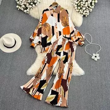 Женские пижамы с цветочным принтом, повседневный элегантный комплект из 2 предметов, свободные рубашки, топы, широкие брюки, костюм, женская мода, винтажная сексуальная одежда для сна, новинка One Size темно-зеленого