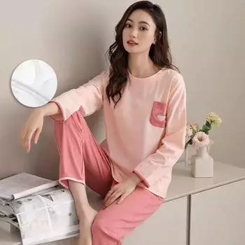 Женские пижамы с длинным рукавом, весенне-осенний спортивный костюм, одежда для сна, повседневная свободная зимняя домашняя одежда, плюс пуловер с круглым вырезом, хлопок M