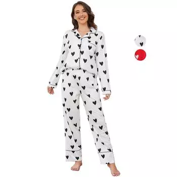 Женские пижамы с длинными рукавами, рубашки, брюки, комплект из 2 предметов, пижамный комплект с принтом в виде сердца, одежда для сна и отдыха, повседневная домашняя одежда на осень и зиму S белый