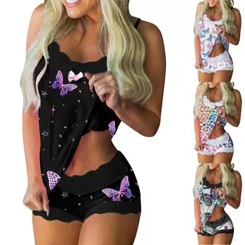 Женские пижамы с принтом без рукавов, кружевные шорты на бретельках, комплект нижнего белья для сна L белый