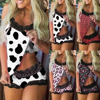 Женские пижамы с принтом без рукавов, кружевные шорты на бретельках, комплект нижнего белья для сна XL