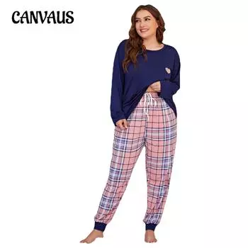 Женские пижамы с принтом Love Plus Размер, комплект домашней одежды из двух предметов с длинными рукавами 1XL тёмно-синий