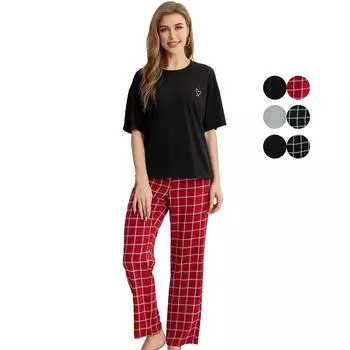 Женские пижамы, спальные костюмы, рубашка с круглым вырезом и половиной рукава, длинные клетчатые брюки, удобная ночная рубашка, домашняя повседневная одежда, ночная рубашка, летняя ночная рубашка S красный