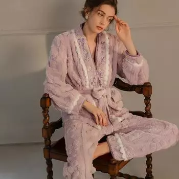 Женские пижамы Толстый плюш Глубокий V-образный вырез Кардиган Шнуровка Ночные рубашки Брюки Комплект Удобная одежда для отдыха one size